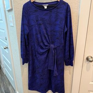 Liz Claiborne Long Sleeve Blue with Black Flowers Dress Size Large